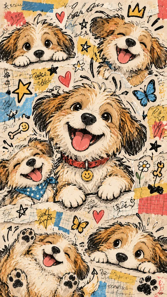 Playful doodle phone wallpaper featuring multiple fluffy cartoon dogs on a cream scrapbook background.