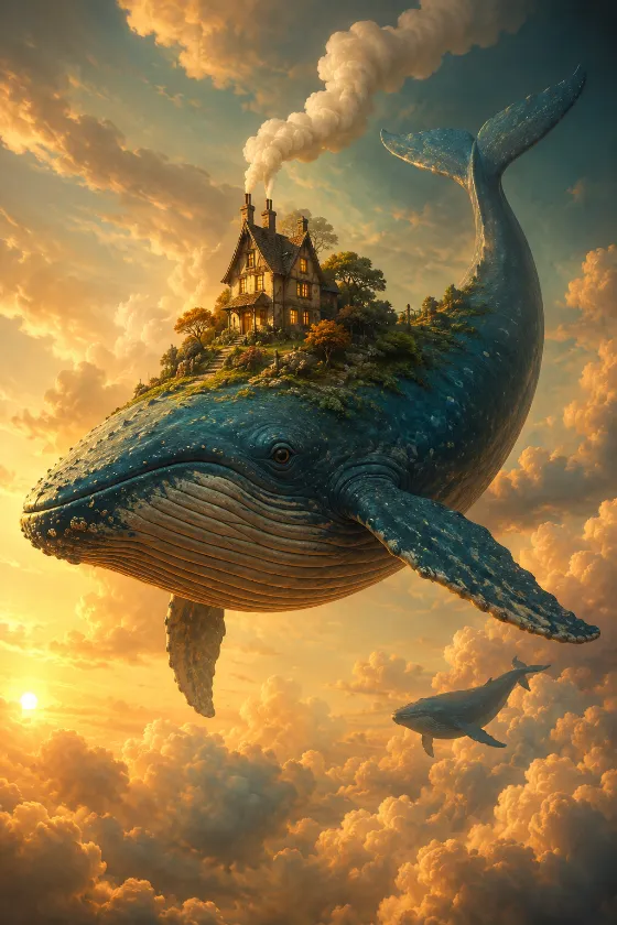 Surreal flying whale with a tiny glowing house and lush garden on its back above golden clouds.