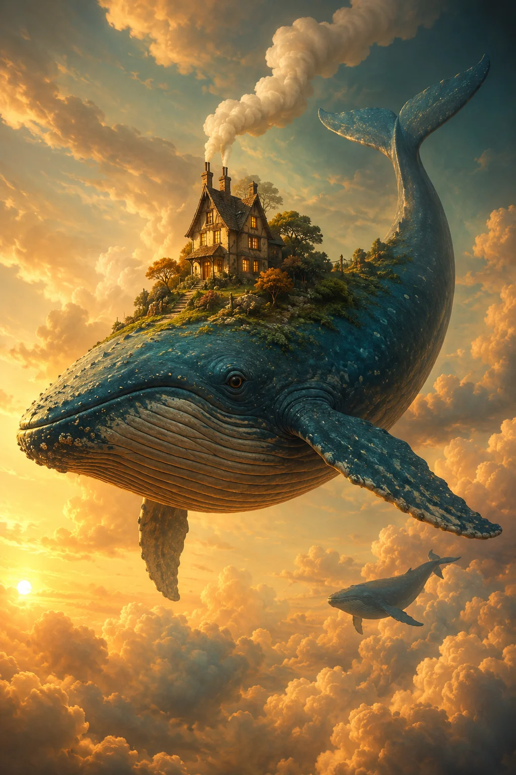 Surreal flying whale with a tiny glowing house and lush garden on its back above golden clouds.