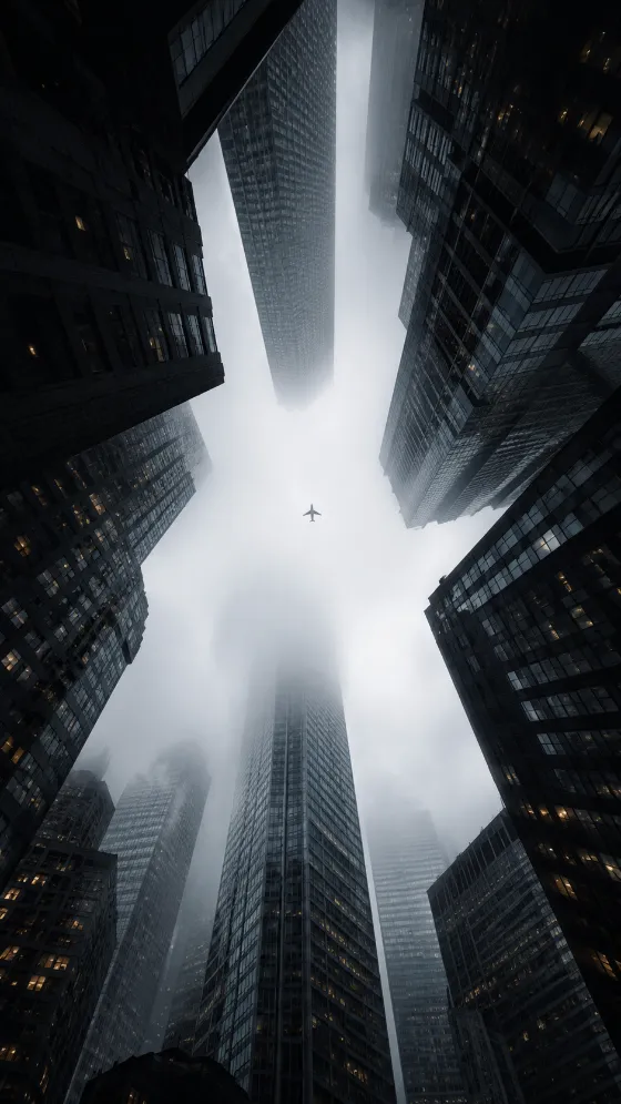 Low-angle city photograph showing skyscrapers converging around luminous fog with a tiny airplane overhead.