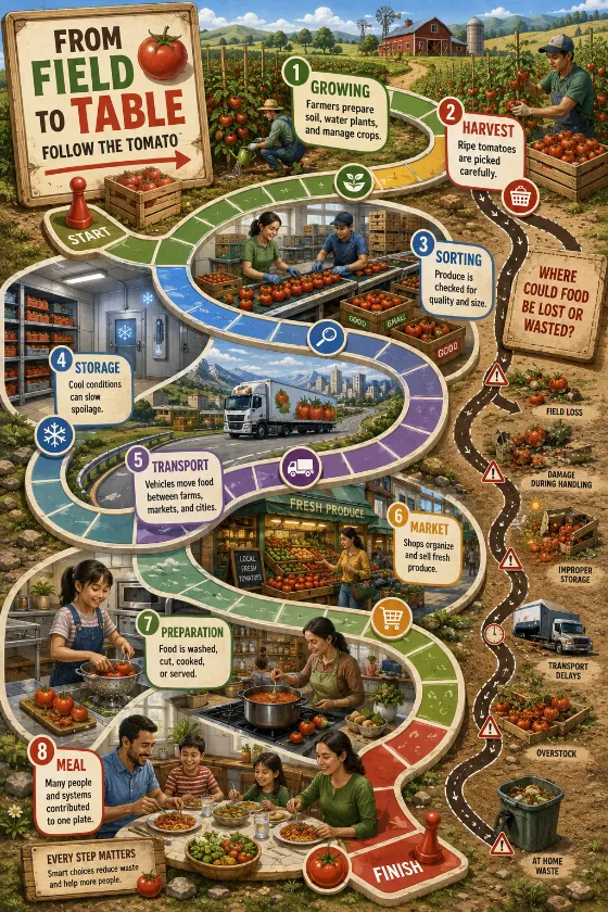 Educational food journey board game with eight tomato supply-chain stages, miniature vehicles, market and kitchen scenes, and a food-waste challenge route.