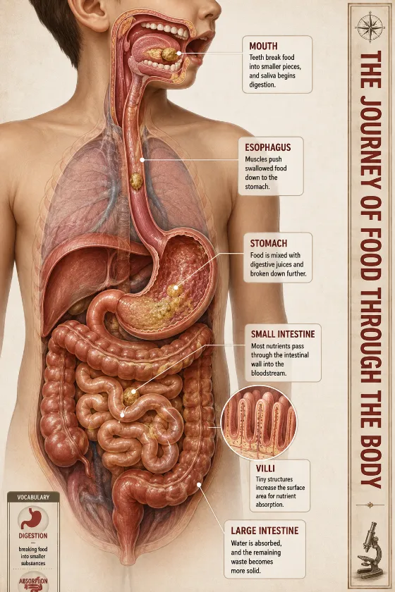 Children's digestive system visual with a torso cutaway, organ labels, food pathway, and magnified villi for nutrient absorption.