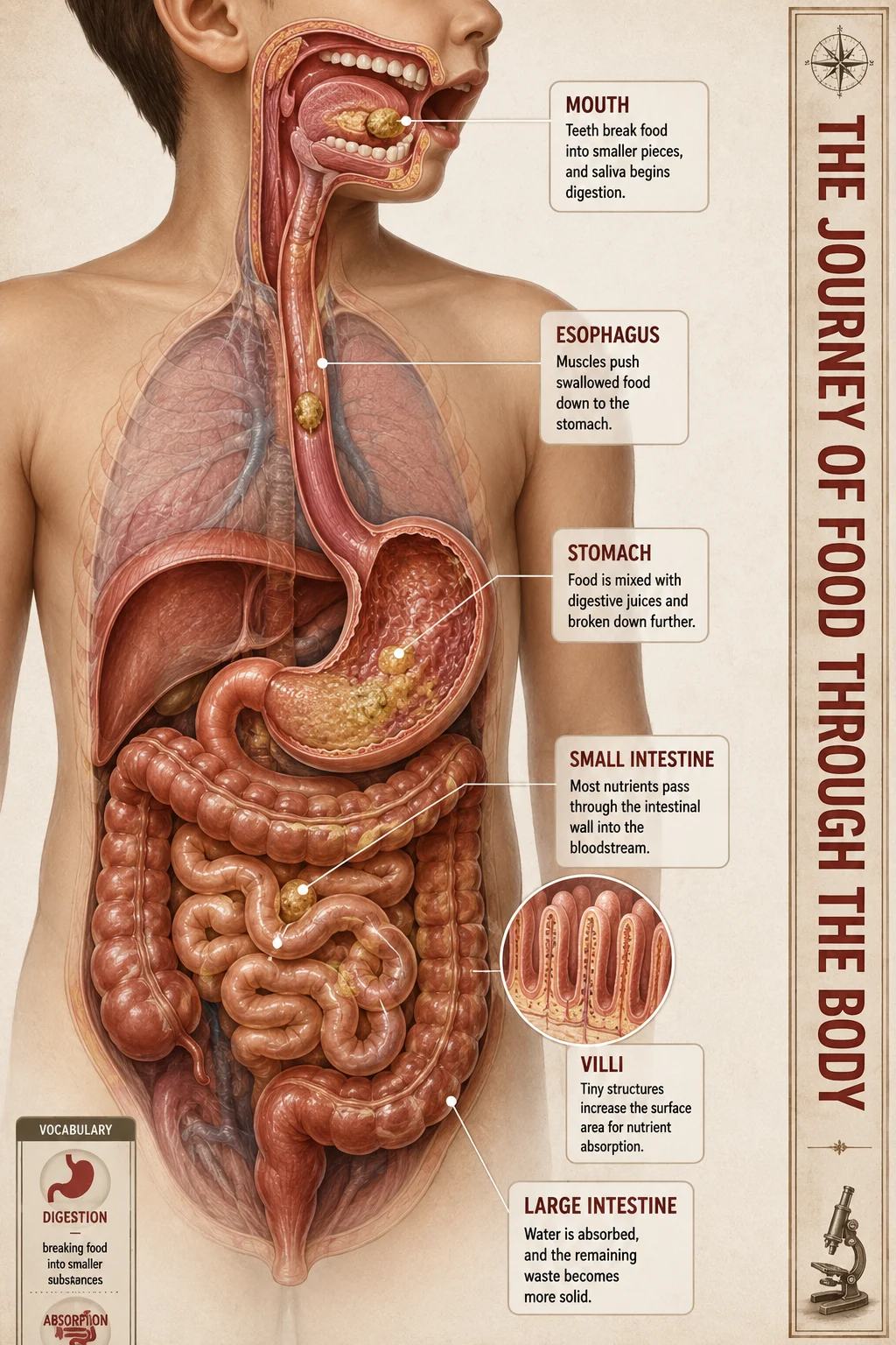 Children's digestive system visual with a torso cutaway, organ labels, food pathway, and magnified villi for nutrient absorption.