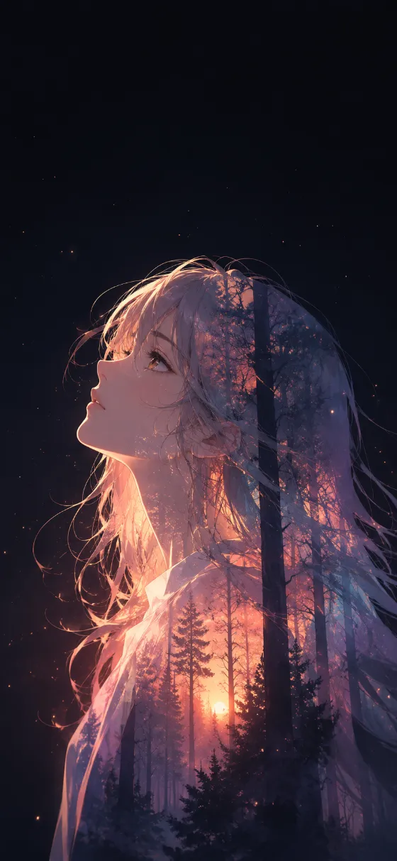 Anime-style side profile of a rose-haired woman with a dark sunset forest blended through her hair, face, neck, and clothing.