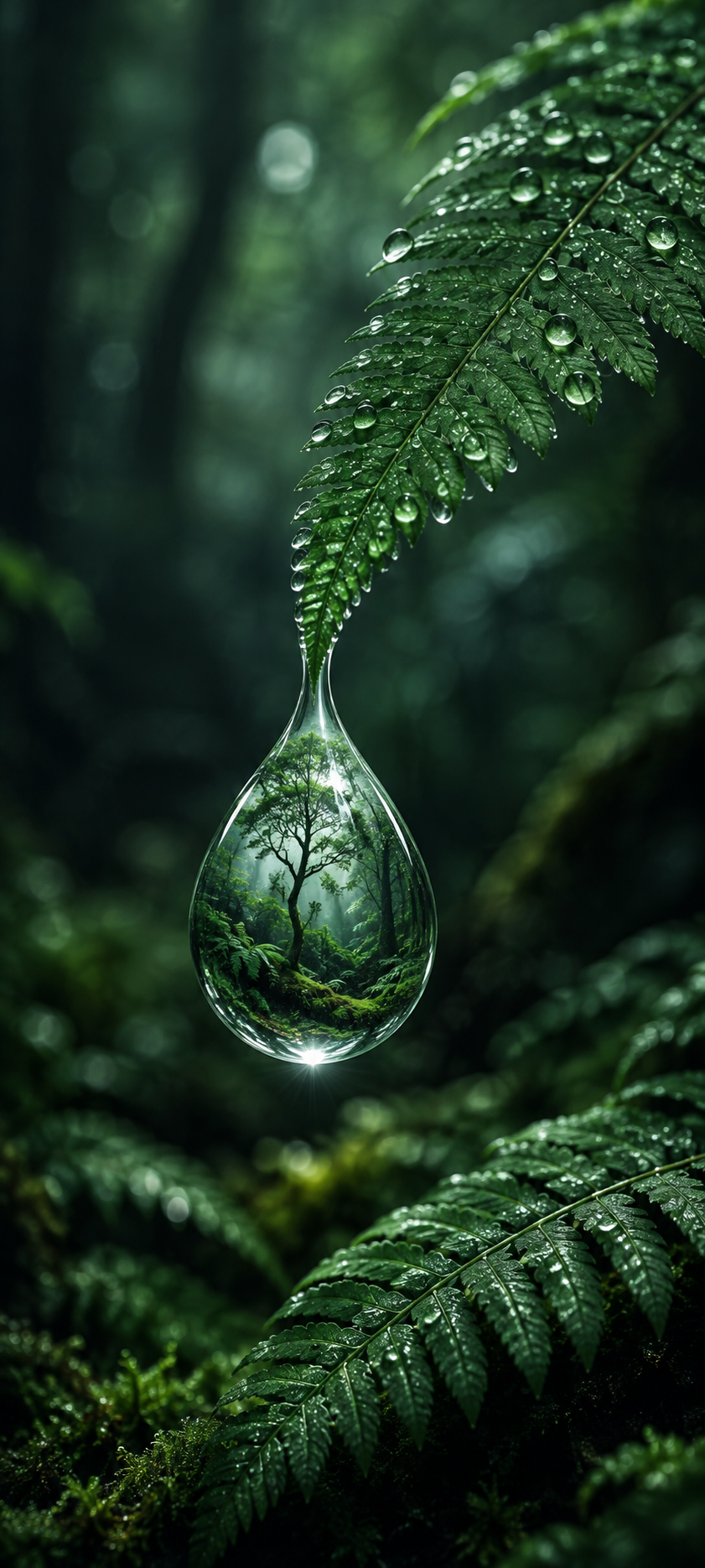 Green fern leaf covered with rain droplets above a clear water droplet containing a tiny mossy forest in a dark woodland setting.