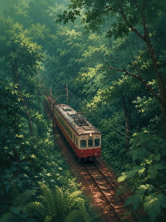 Stylized red and cream train traveling through a dense green forest on narrow tracks with ferns, trees, and filtered daylight.