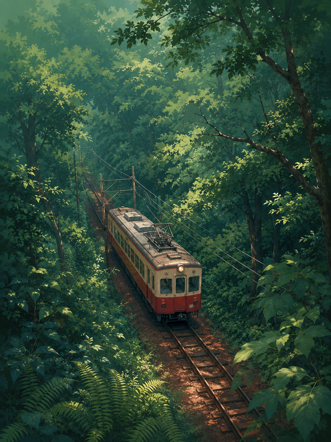 Stylized red and cream train traveling through a dense green forest on narrow tracks with ferns, trees, and filtered daylight.