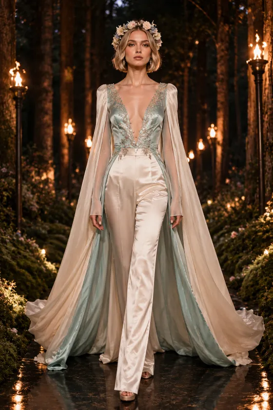 Full-body editorial fashion image of a young Scandinavian woman in pastel couture walking through a torchlit forest setting.