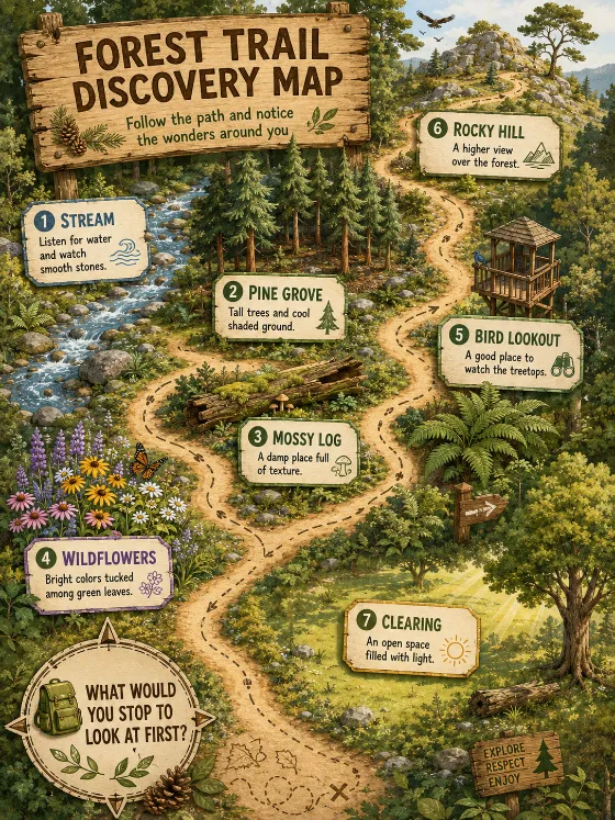 Educational forest adventure map with textured trail, seven broad stop labels, natural landmarks, wooden title sign, and a student exploration question.