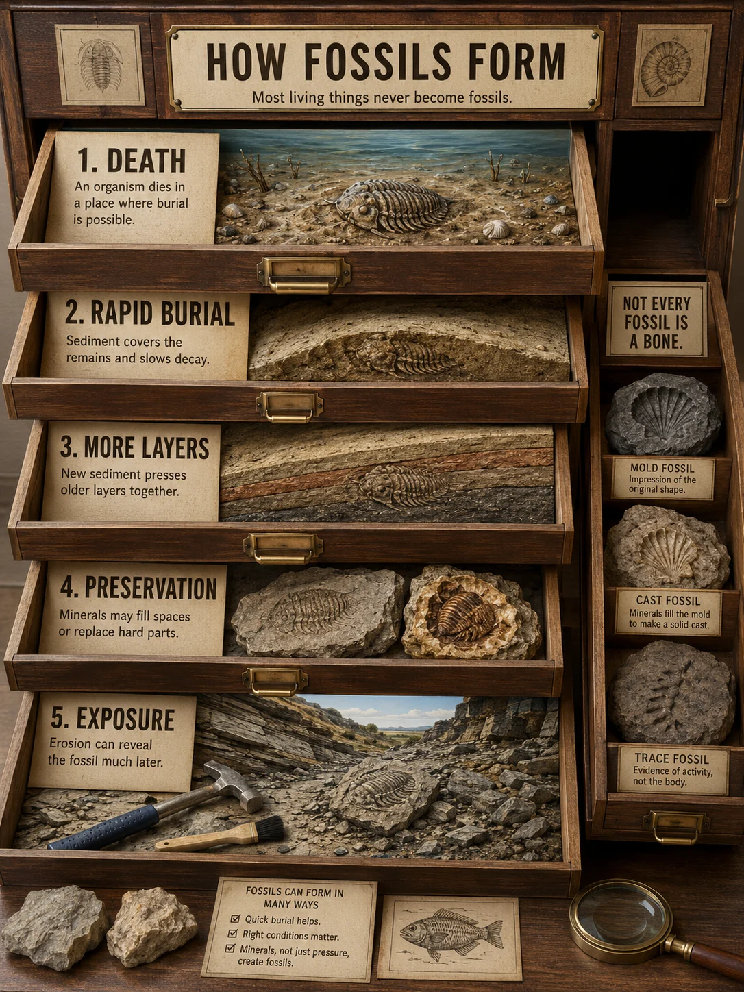 Educational fossil cabinet with layered rock samples, partial fossil impressions, archival labels, tools, and five stages from burial to exposure.
