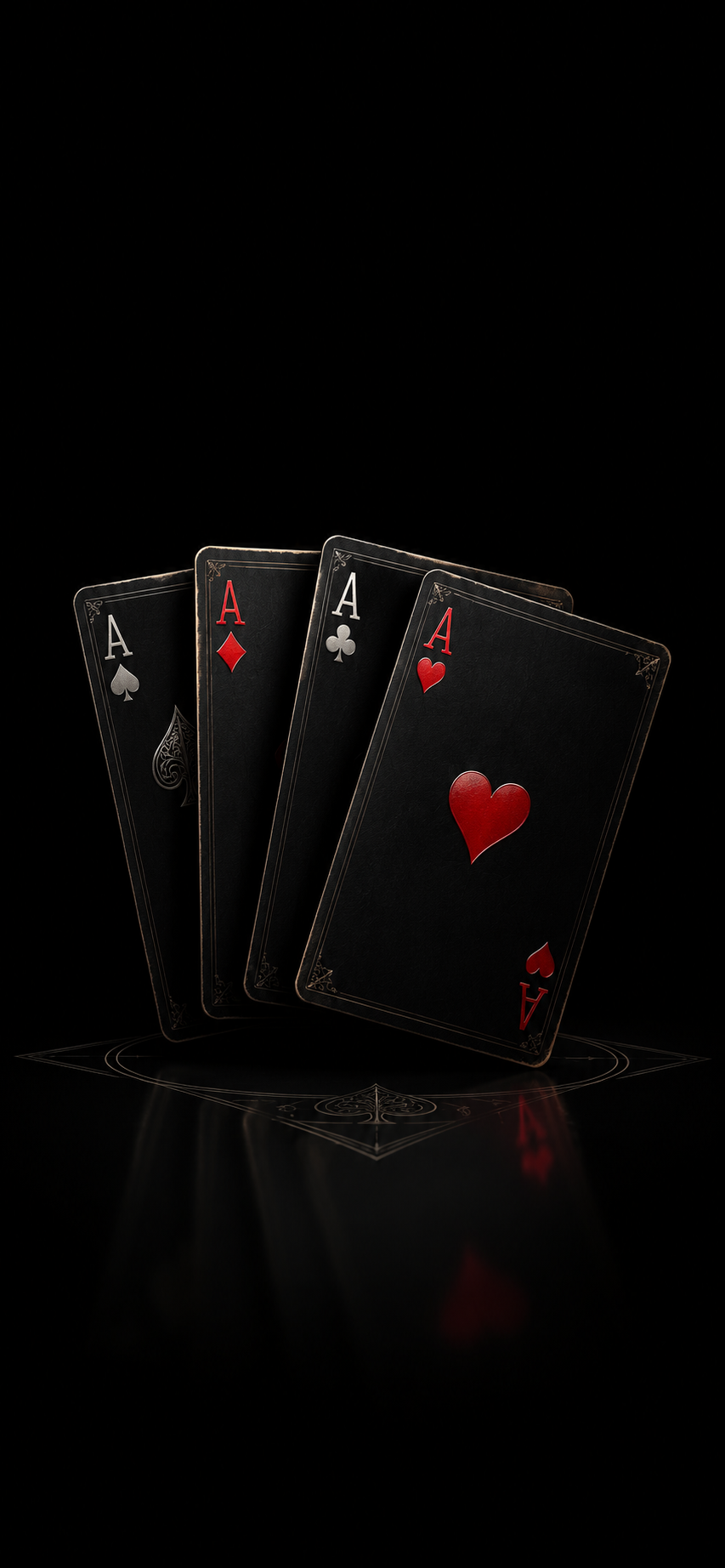 Minimal luxury arrangement of four aces on a deep black background.