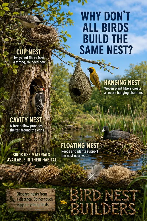 Educational bird-nest panorama with four nest types, distinct species, natural materials, a spring habitat, and a nest-safety message.