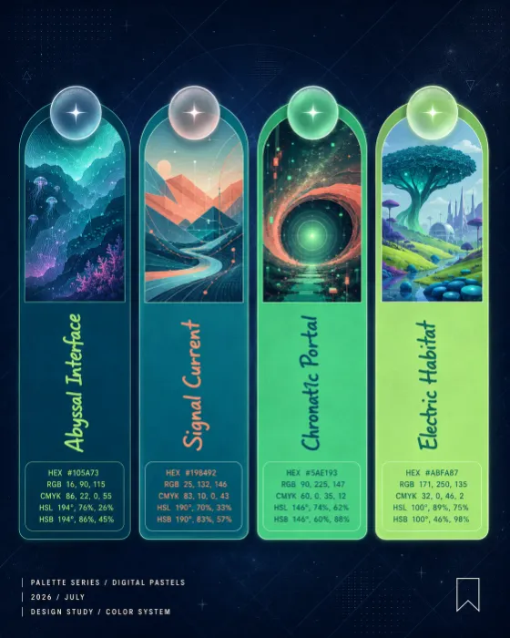 Vertical cyber-pastel with four design cards, glass medallions, rotated labels, and structured color details on a deep navy background.