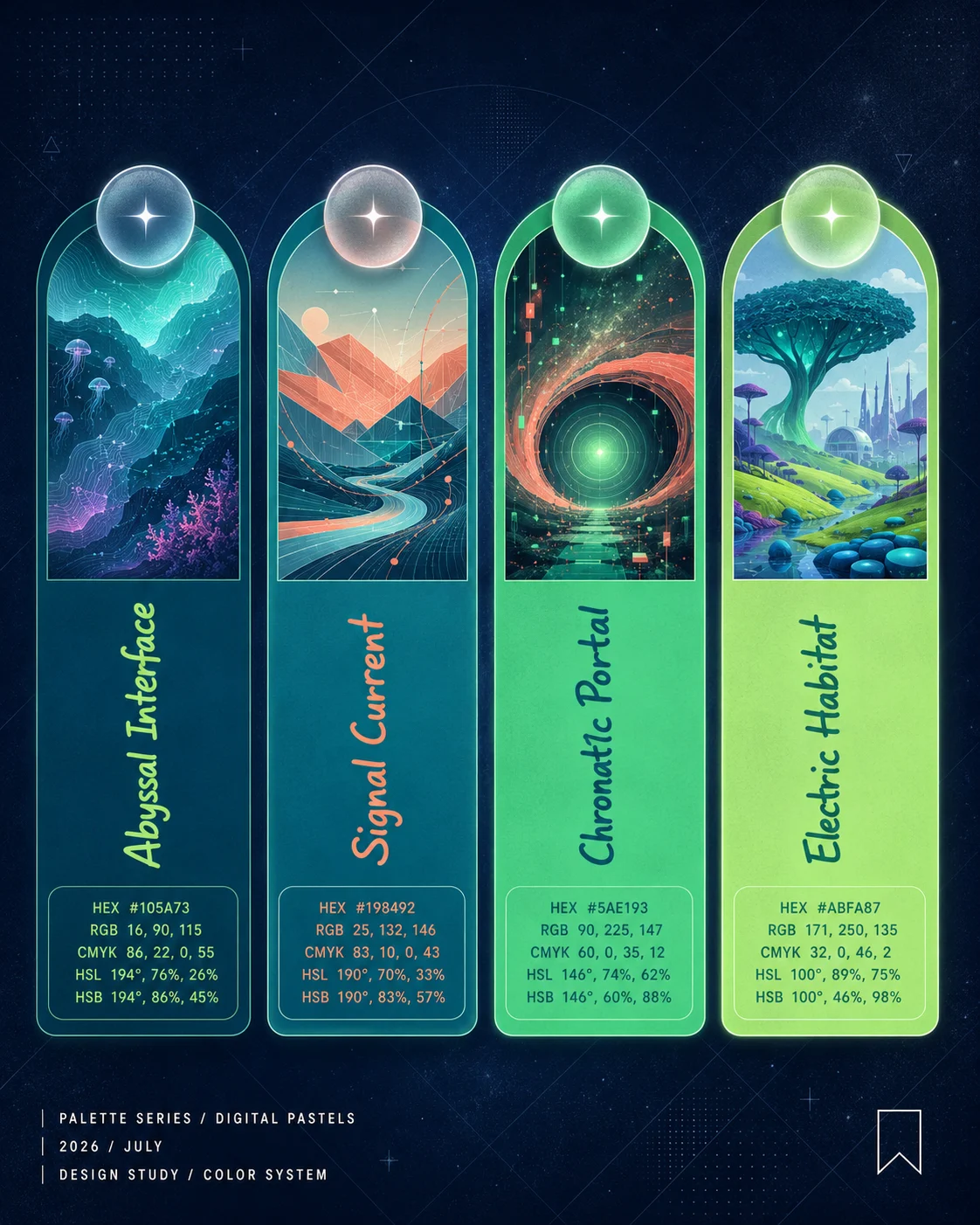 Vertical cyber-pastel with four design cards, glass medallions, rotated labels, and structured color details on a deep navy background.