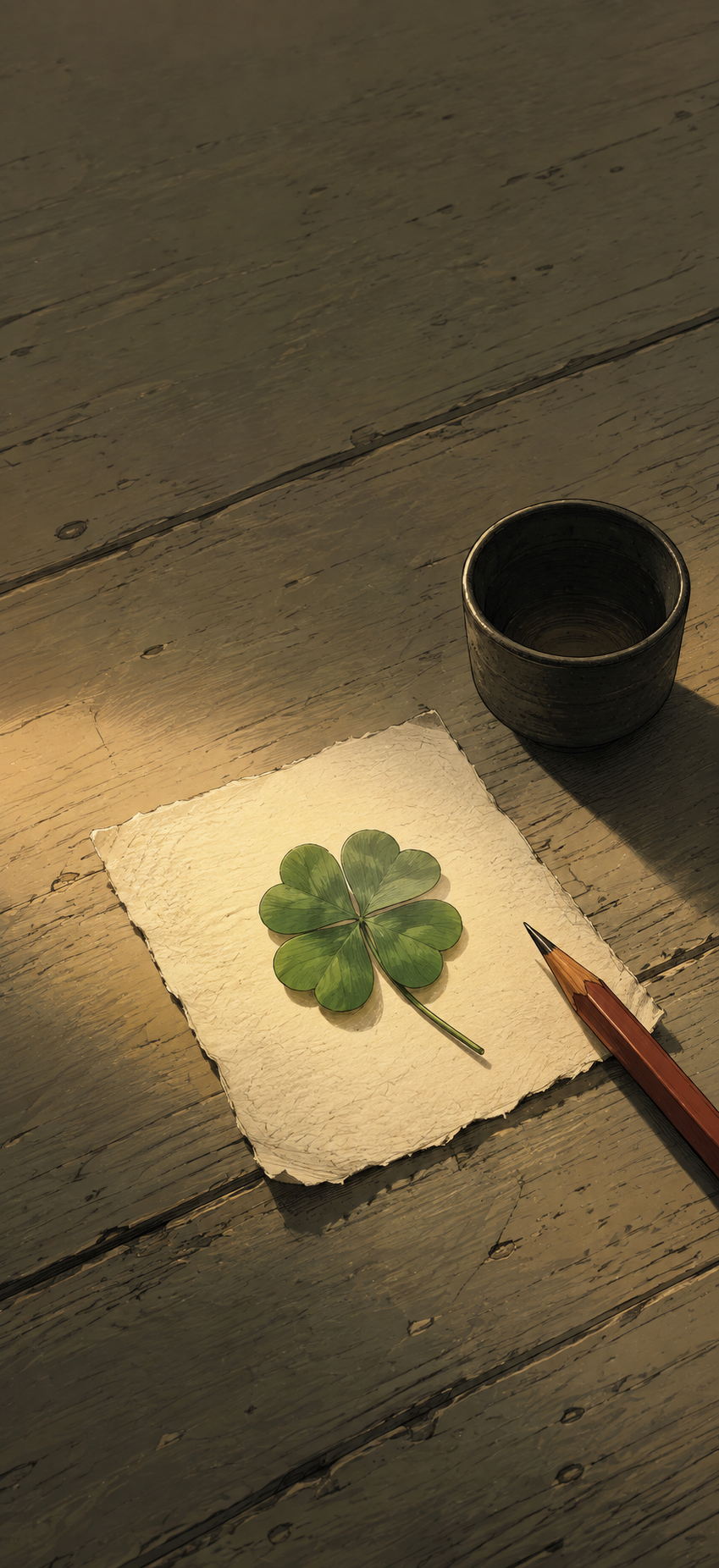 Hand-drawn four-leaf clover resting on ivory paper beside a pencil and dark cup over weathered wooden planks in a vertical iPhone wallpaper.