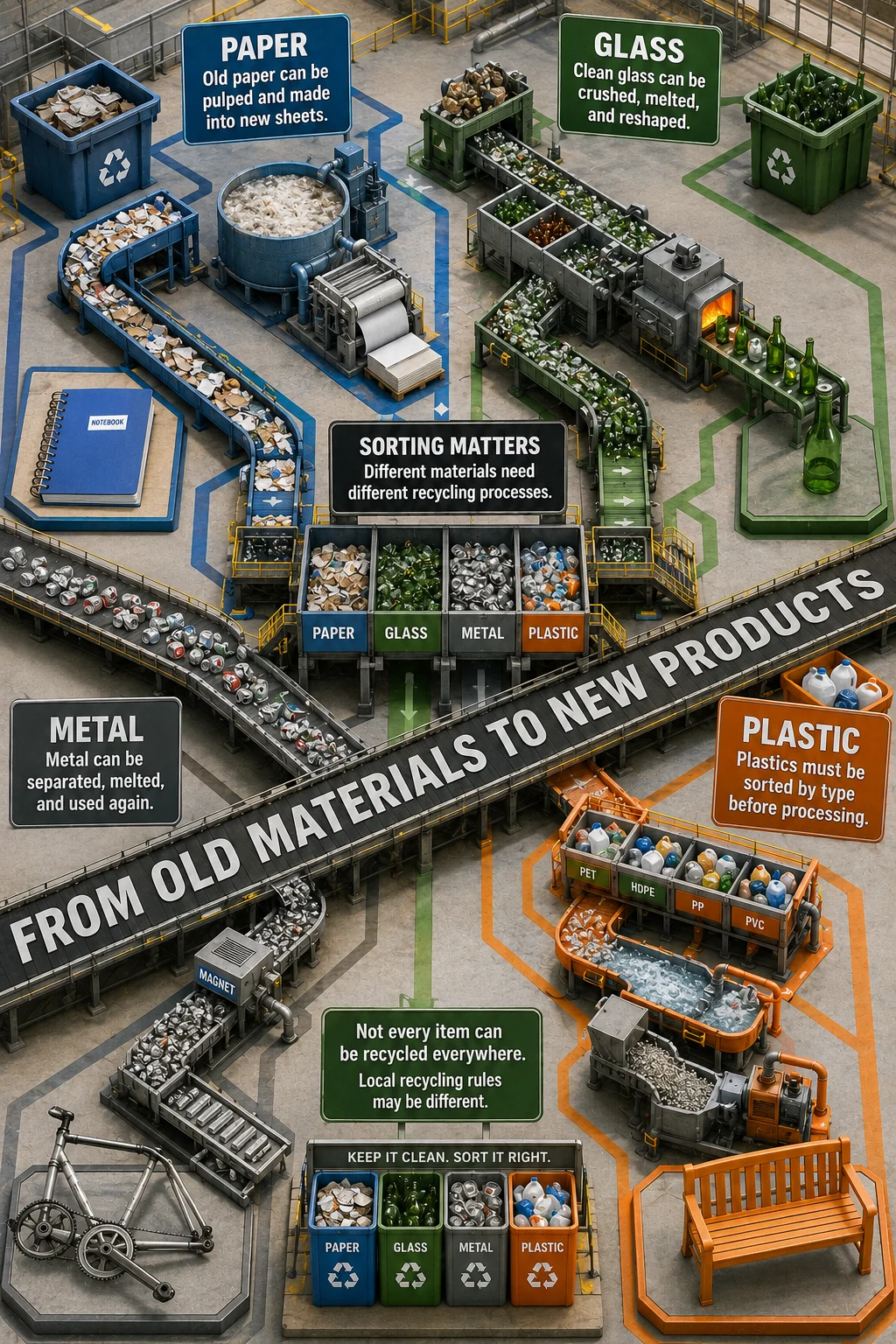 Educational recycling plant with four color-coded material routes, central sorting, processing machinery, and separate finished products.