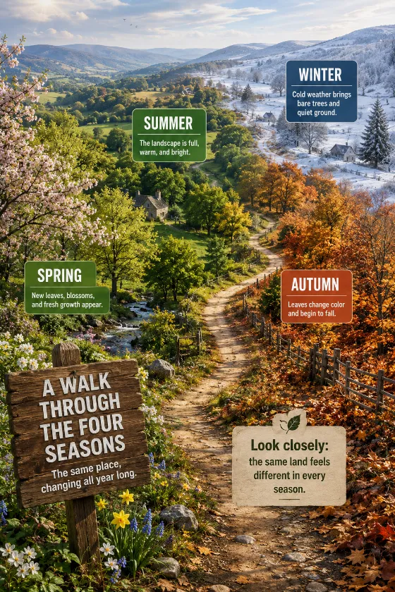 Educational four-seasons poster with a wooden trail sign, spring blossoms, summer greenery, autumn colors, winter snow, and one connected walking path.