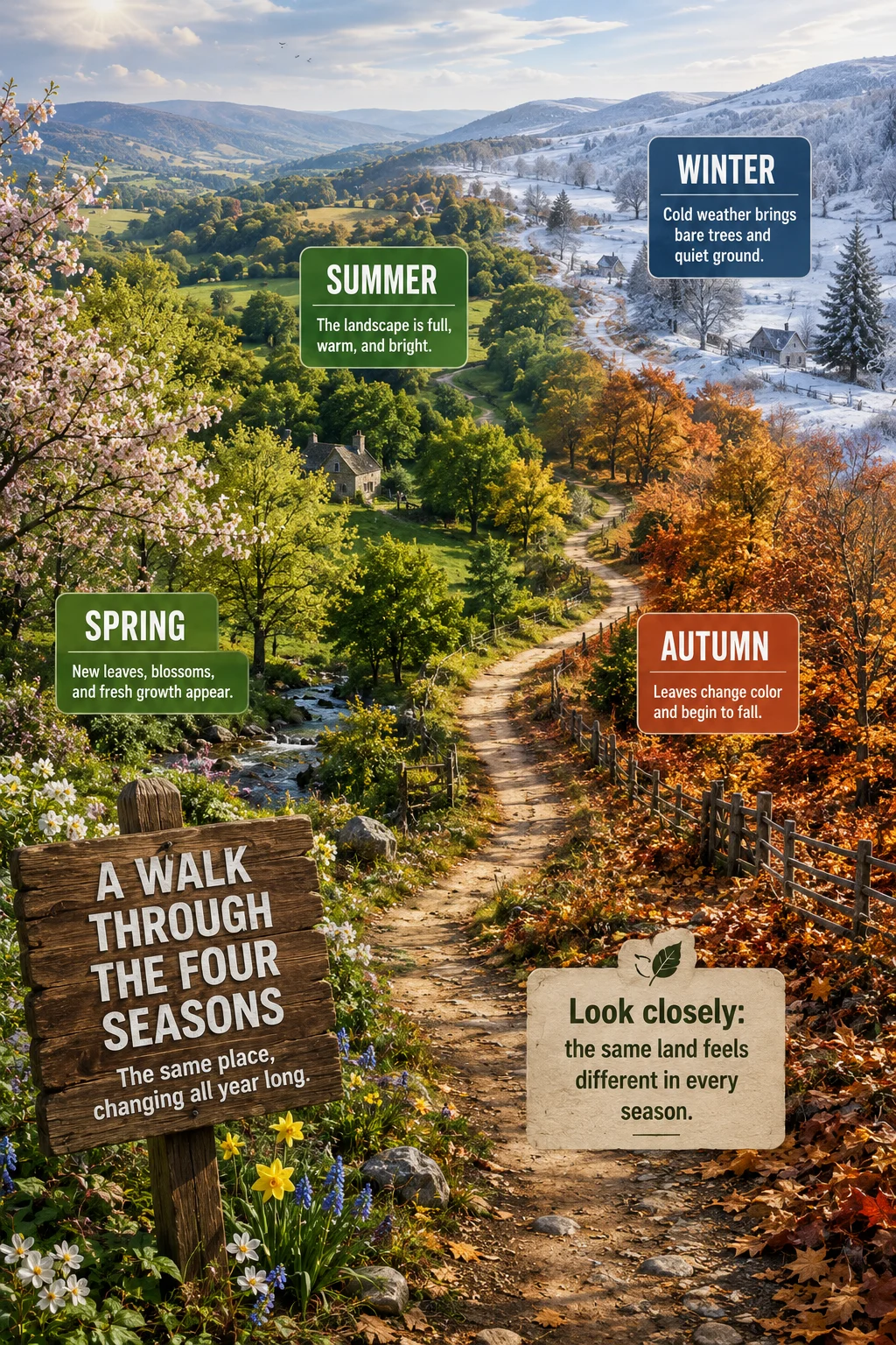 Educational four-seasons poster with a wooden trail sign, spring blossoms, summer greenery, autumn colors, winter snow, and one connected walking path.