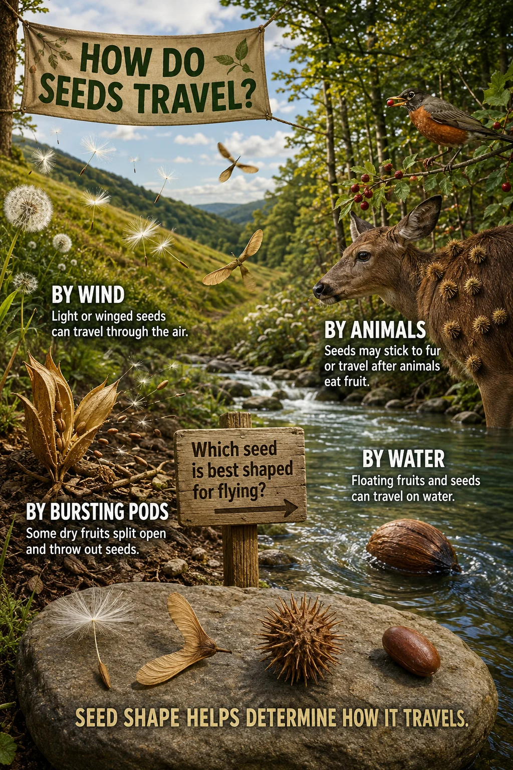 Educational landscape with four seed-dispersal methods, oversized seed specimens, a botanical banner, and a wooden discovery question.