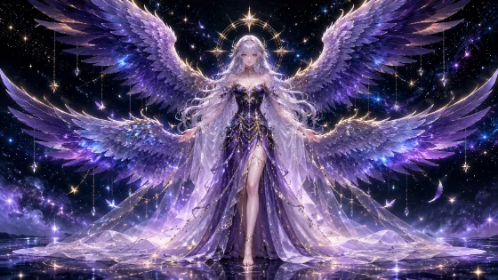 Celestial fantasy figure wearing a luminous violet gown beneath a star halo and four expansive feathered wings.
