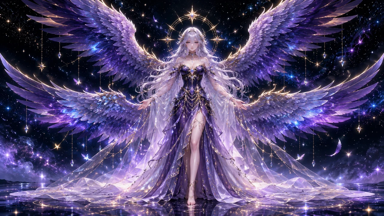 Celestial fantasy figure wearing a luminous violet gown beneath a star halo and four expansive feathered wings.
