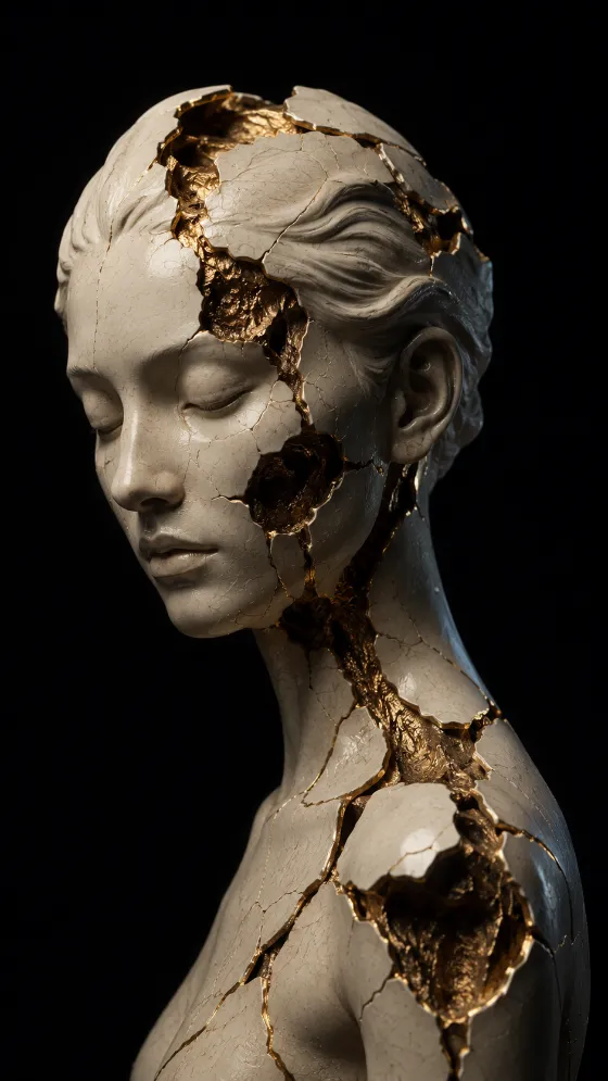 Serene cracked porcelain portrait sculpture repaired with textured gold on a deep black background.