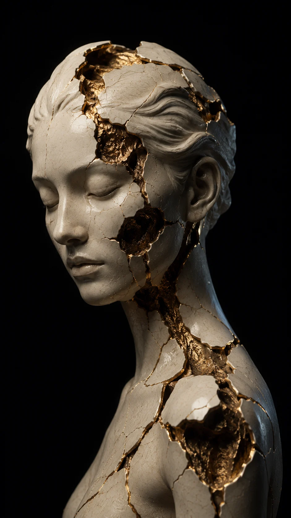 Serene cracked porcelain portrait sculpture repaired with textured gold on a deep black background.