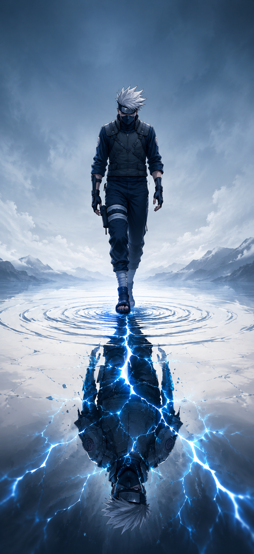 Masked silver-haired anime warrior walking across blue-gray reflective water above an inverted armored reflection fractured by electric-blue lightning.