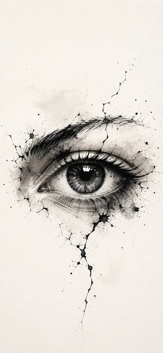 Surreal black ink drawing of a detailed human eye with fractured splatter texture on a pale paper-white background.