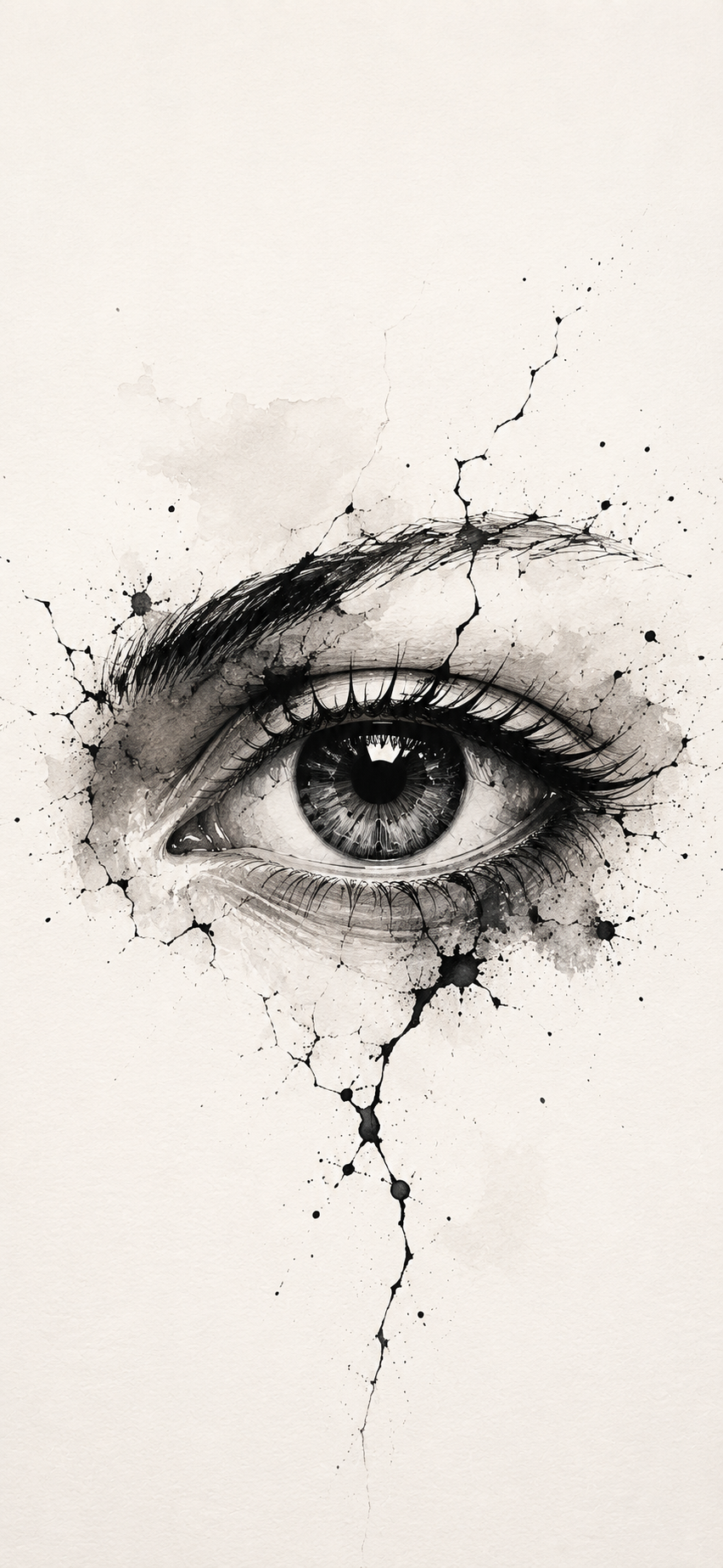 Surreal black ink drawing of a detailed human eye with fractured splatter texture on a pale paper-white background.