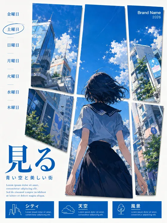 Editorial poster with a back-facing illustrated character surrounded by fragmented blue-sky city panels and Japanese typography.
