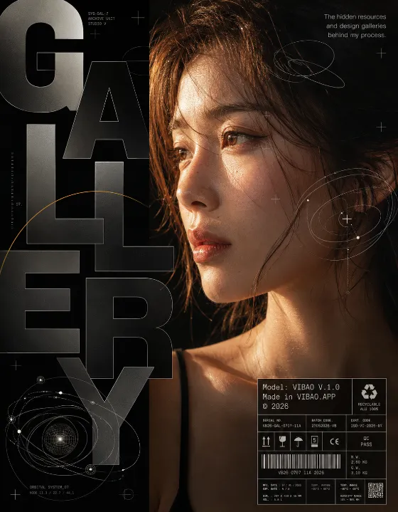 Black editorial portrait poster with warm copper highlights, oversized fragmented lettering, orbital graphics, and technical interface details.