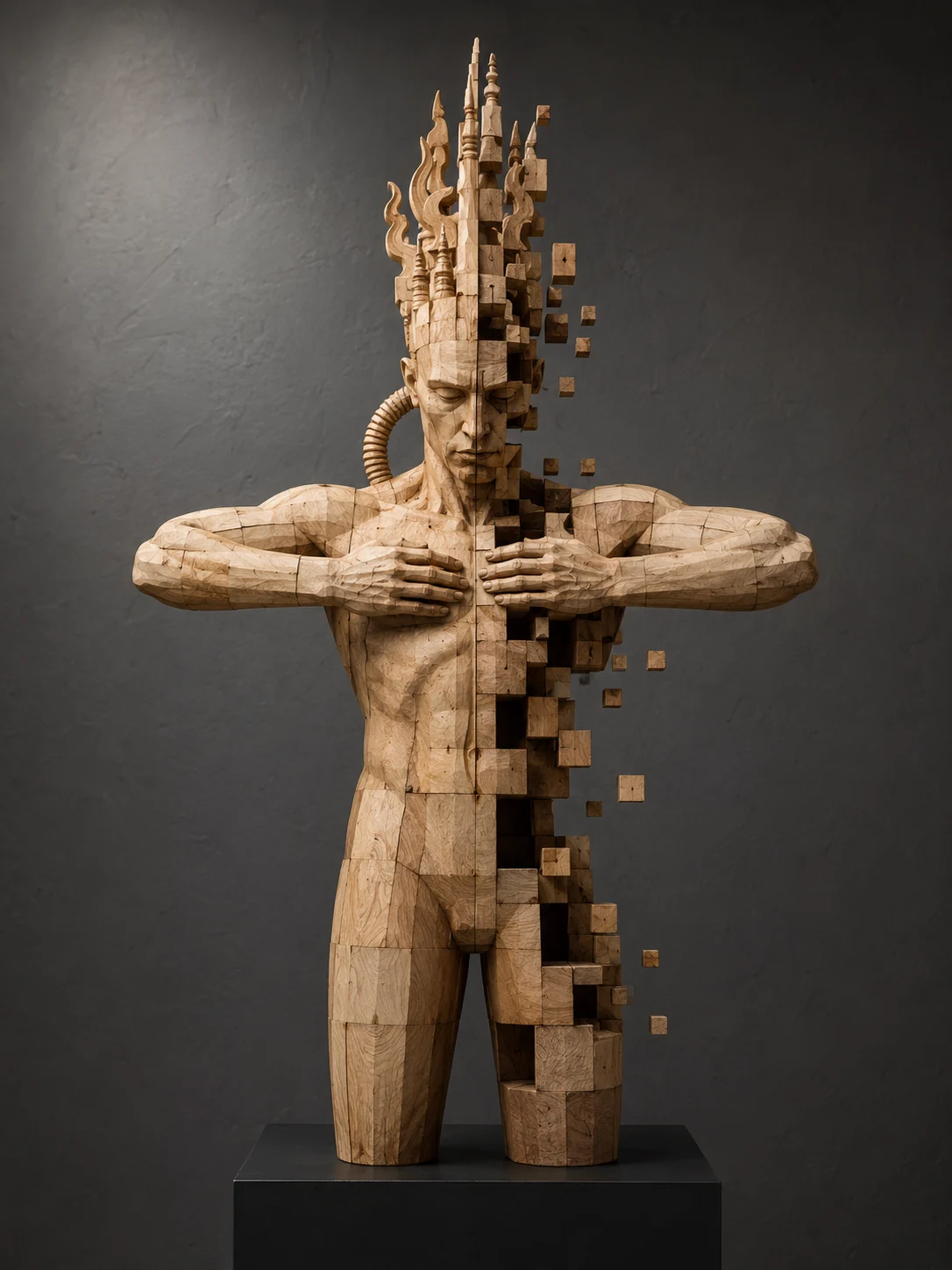 Contemporary wooden figure with cubic voids and floating block fragments against a gray gallery wall.