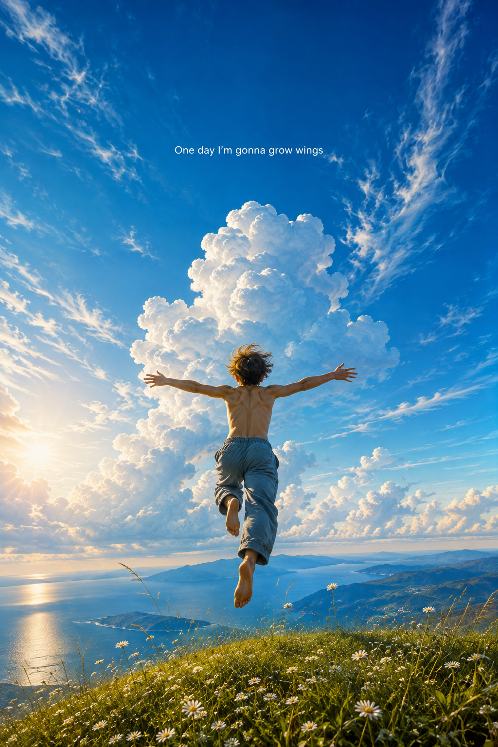 Young person leaping across a flower meadow beneath a bright blue sky and towering white clouds.