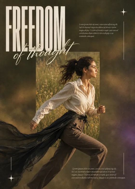 Vertical editorial poster with a running woman, large Freedom headline, framed meadow image, olive-brown grain, and white star accents.