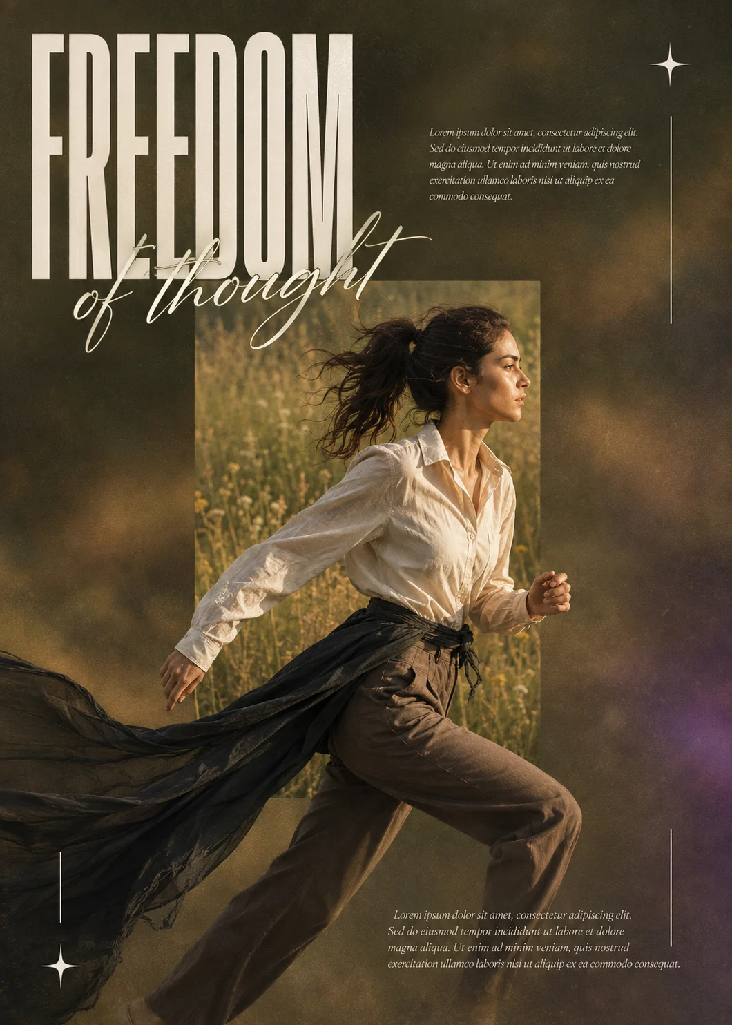 Vertical editorial poster with a running woman, large Freedom headline, framed meadow image, olive-brown grain, and white star accents.
