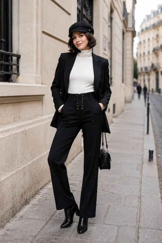 Street-style fashion portrait of a young French fashion subject in a black blazer, white turtleneck, and tailored black trousers on a quiet European sidewalk.