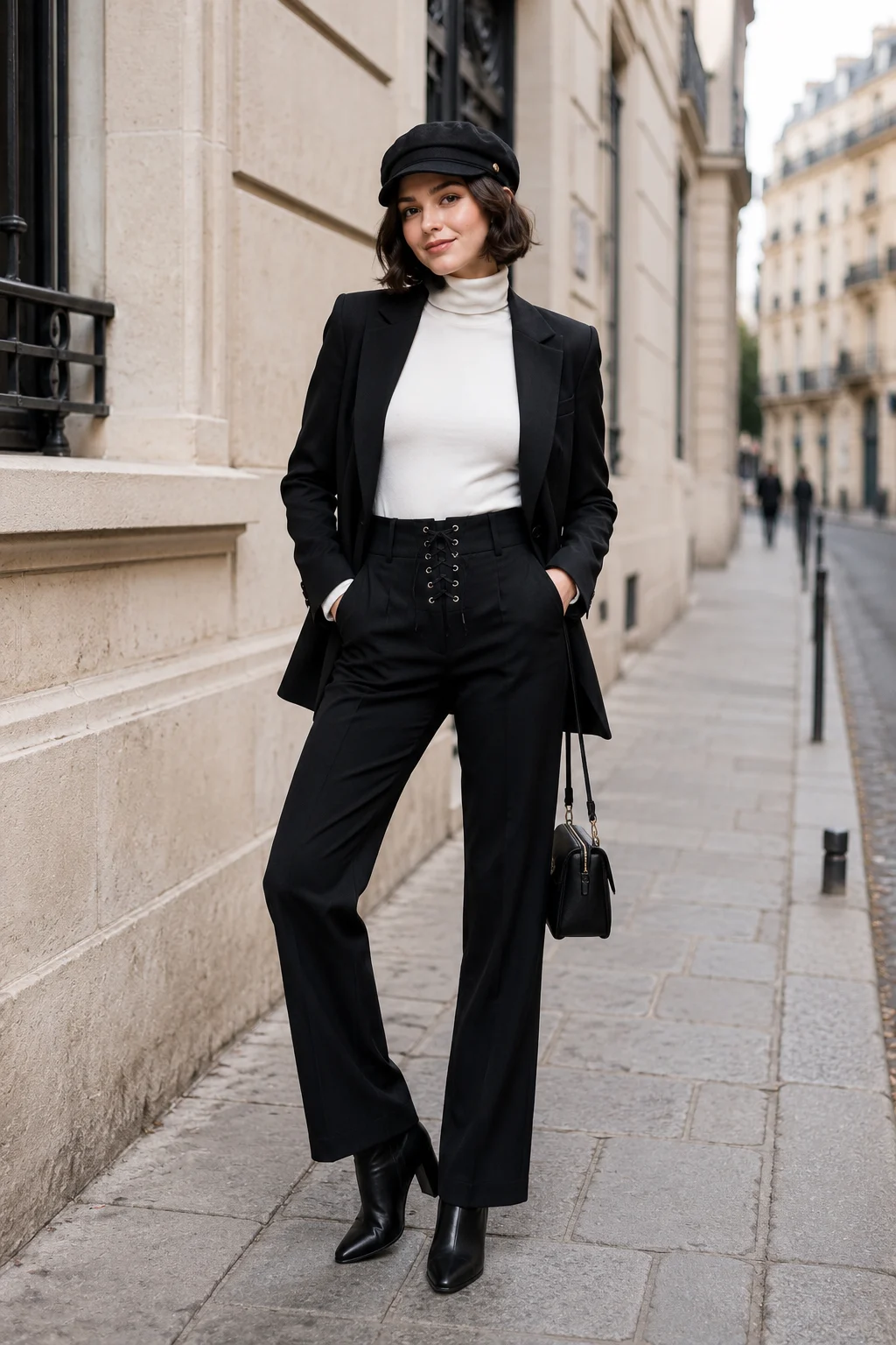 Street-style fashion portrait of a young French fashion subject in a black blazer, white turtleneck, and tailored black trousers on a quiet European sidewalk.