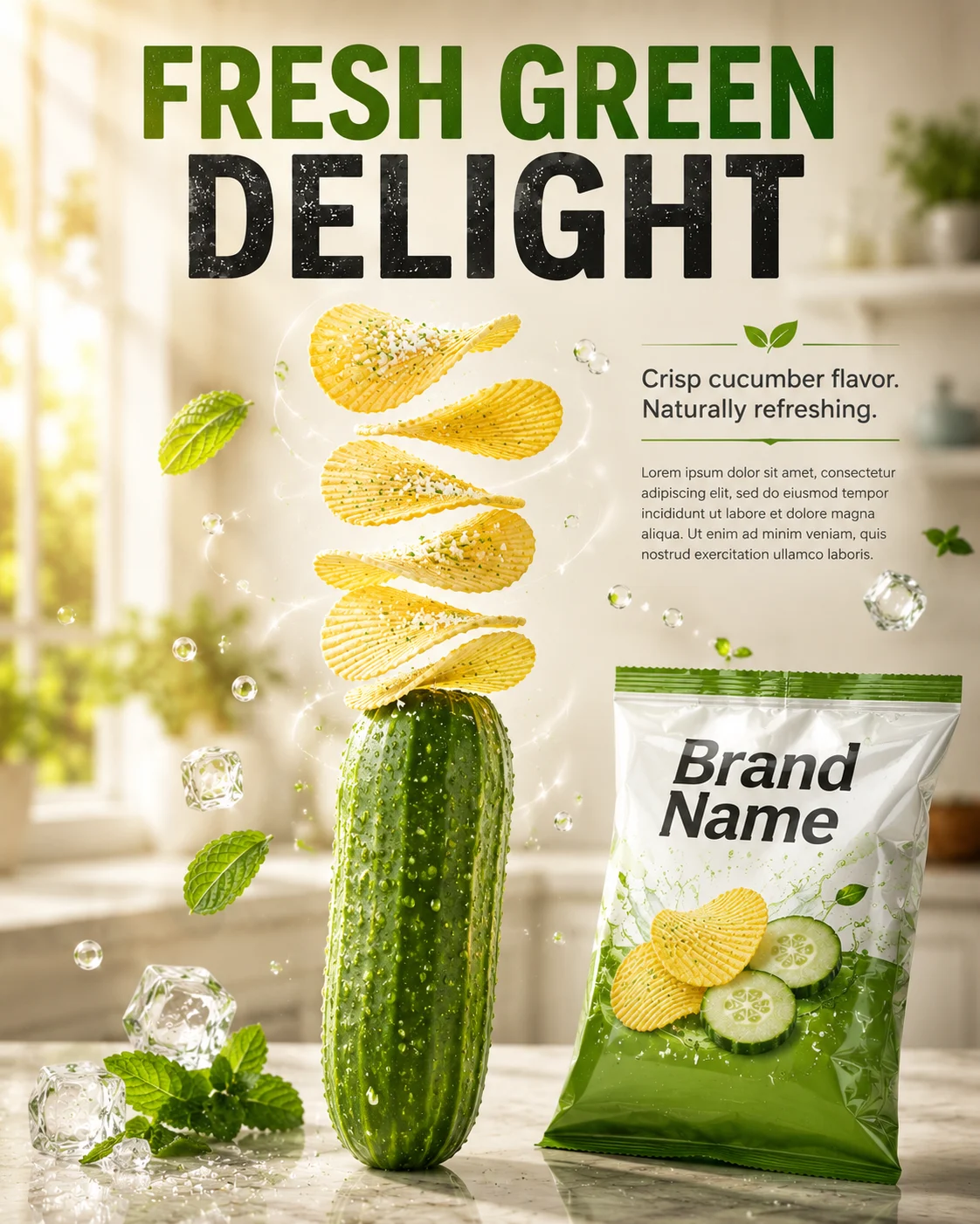 Cucumber-flavored potato chips advertisement with fresh cucumber, floating chips, and premium snack package in a bright kitchen.