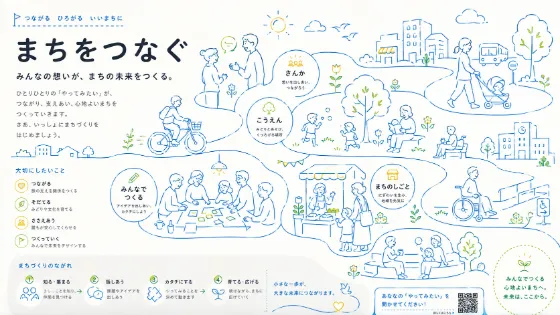 Community-focused line infographic showing connected scenes of people, nature, and public space in a minimal monoline editorial design.