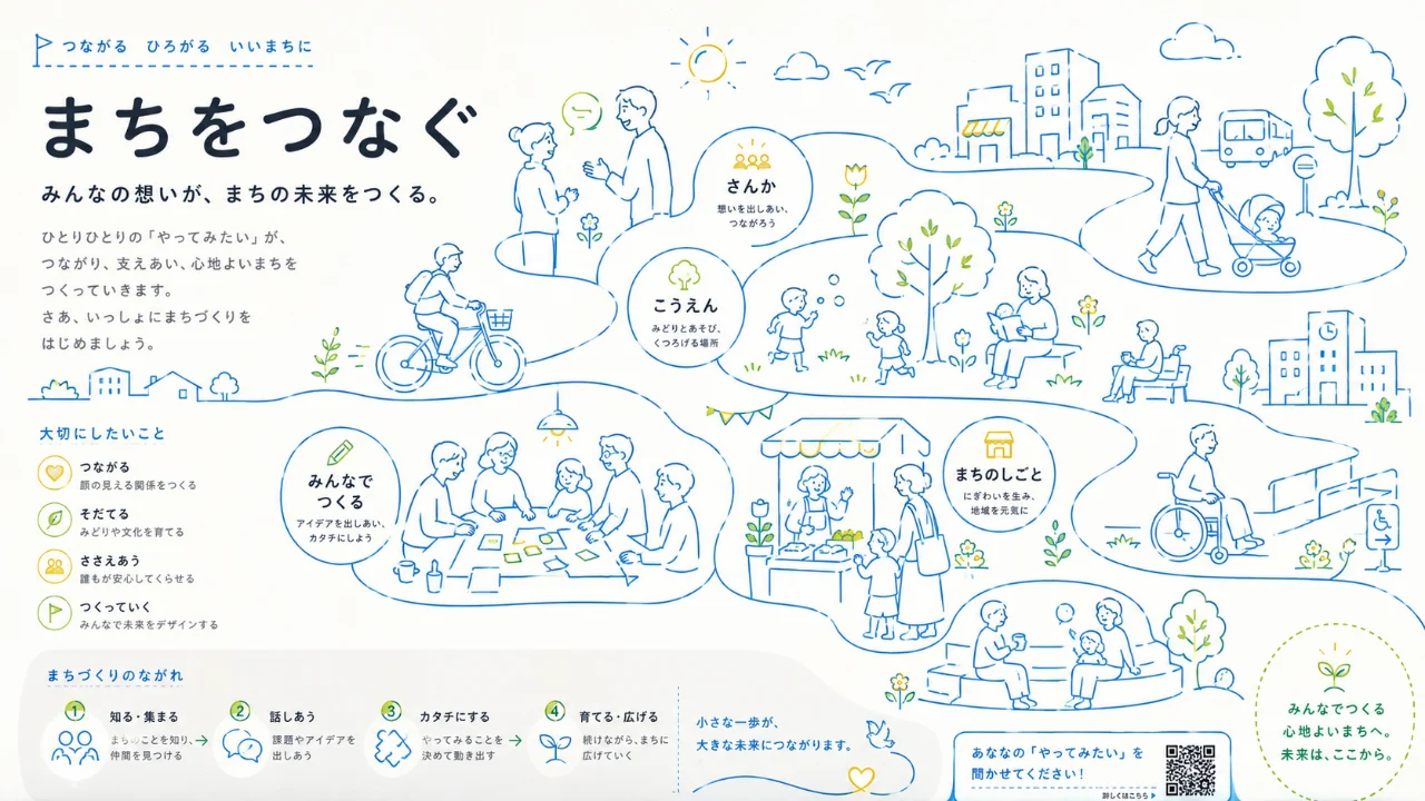 Community-focused line infographic showing connected scenes of people, nature, and public space in a minimal monoline editorial design.