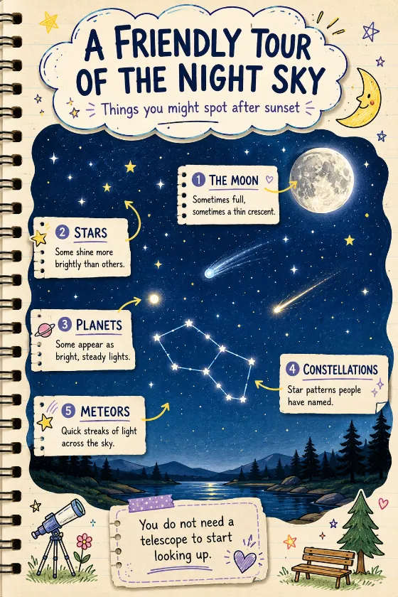 Vertical cream notebook poster with doodle stars, Moon, planet, constellation, meteor, comet, five labeled entries, and a note encouraging students to look up.