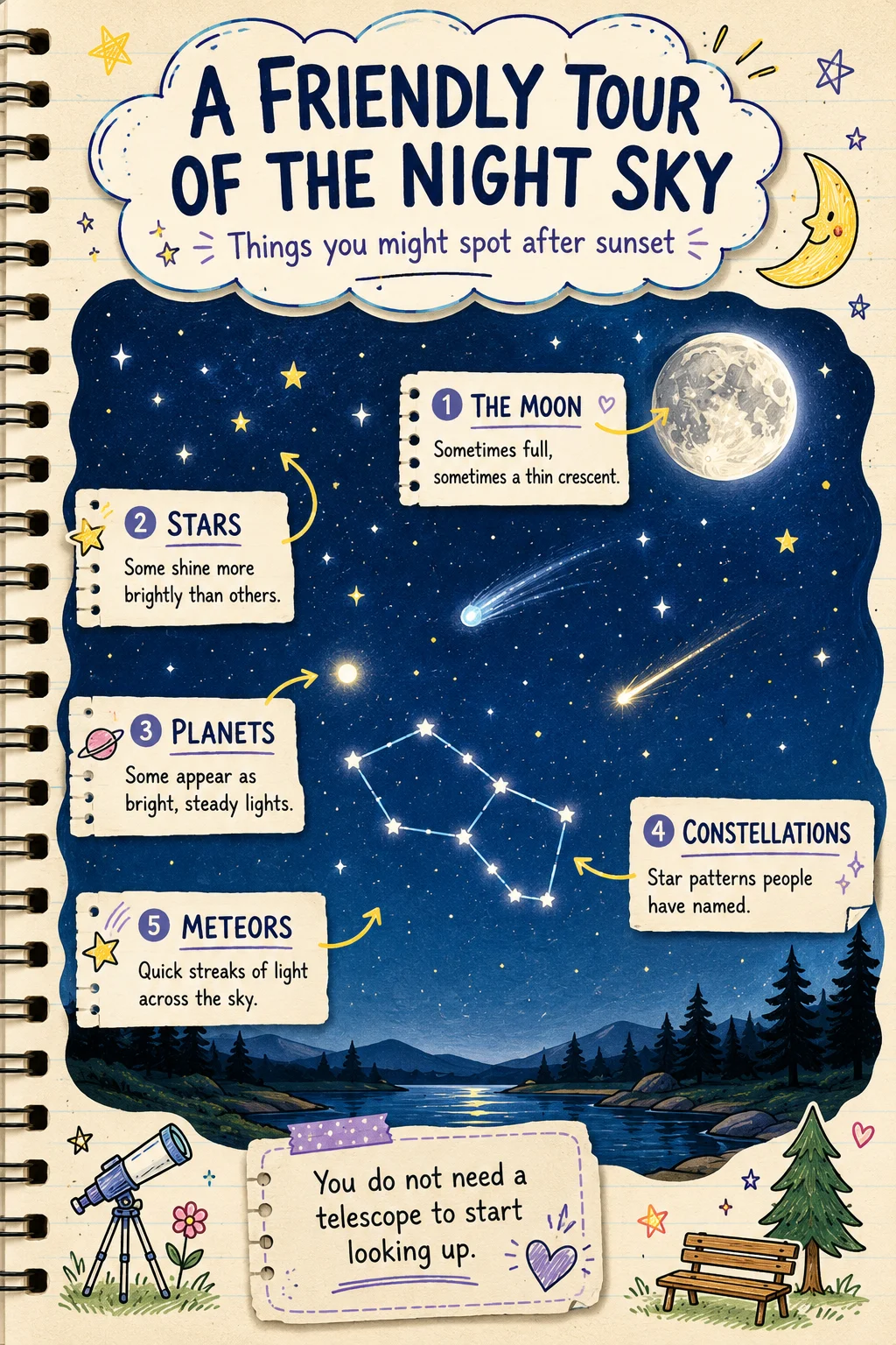 Vertical cream notebook poster with doodle stars, Moon, planet, constellation, meteor, comet, five labeled entries, and a note encouraging students to look up.