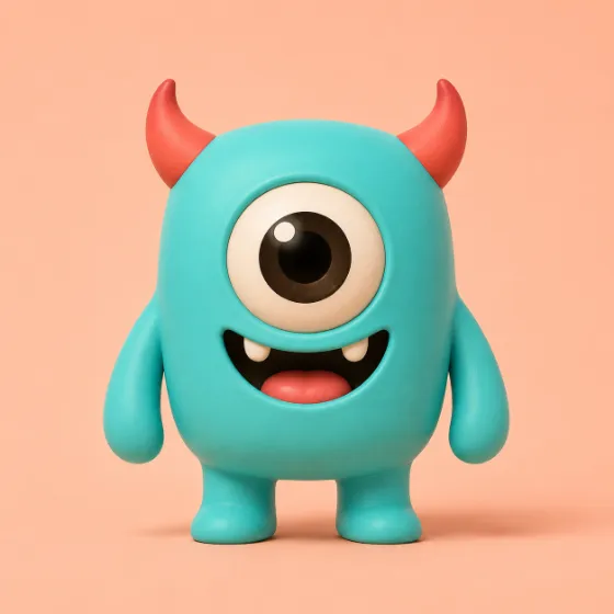 Cute turquoise cyclops with coral horns and one large glossy eye.