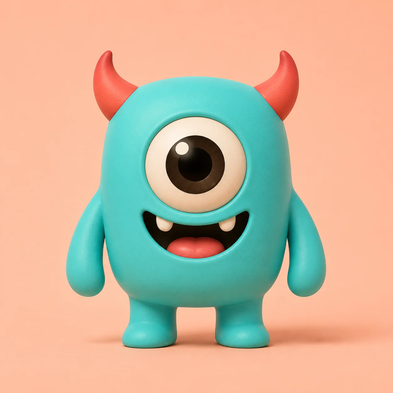 Cute turquoise cyclops with coral horns and one large glossy eye.