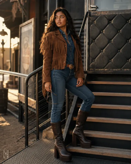 Full-length fashion portrait of a woman in a fringed brown suede jacket, blue denim, and tall brown platform boots on a rustic stair landing with warm cinematic light.