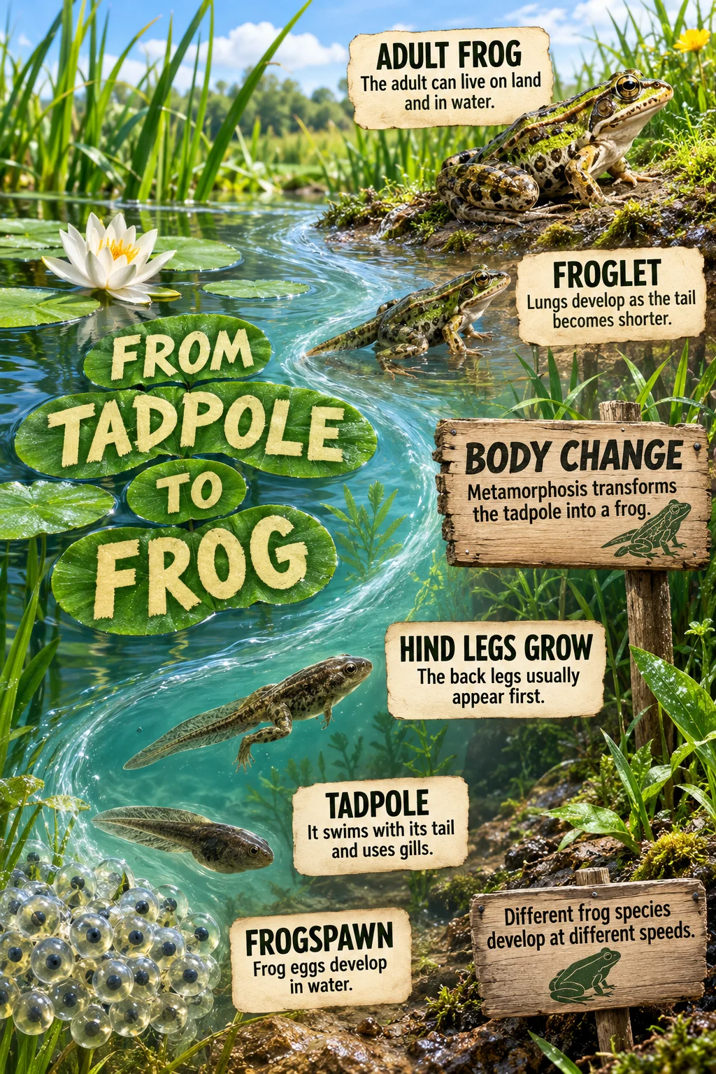 Educational pond scene with five frog-development stages, lily-pad title letters, a metamorphosis marker, reeds, mud, and a grassy bank.