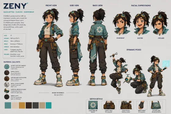 Professional sheet layout with turnarounds, expression studies, dynamic poses, and material notes in a clean studio presentation.