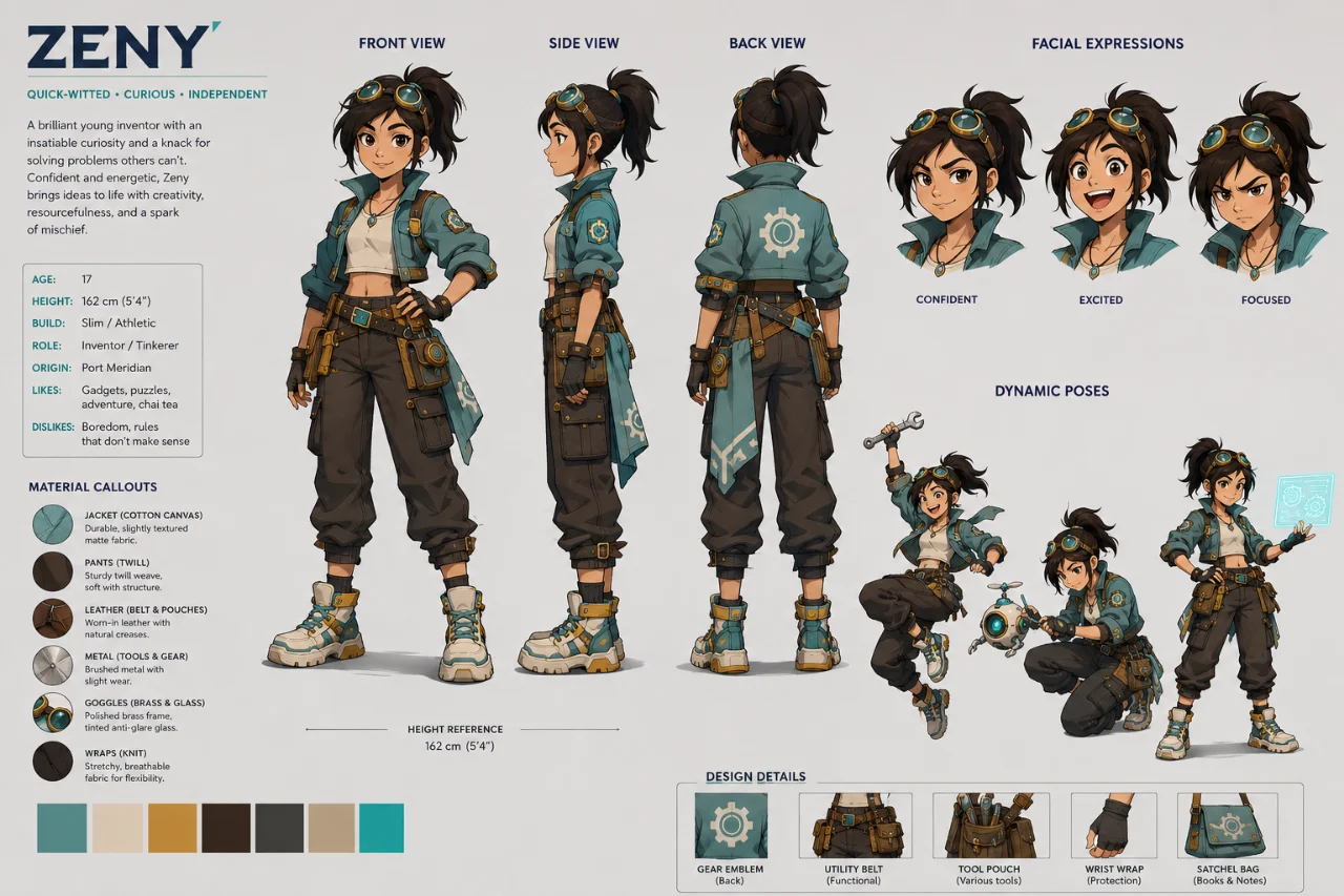 Professional sheet layout with turnarounds, expression studies, dynamic poses, and material notes in a clean studio presentation.