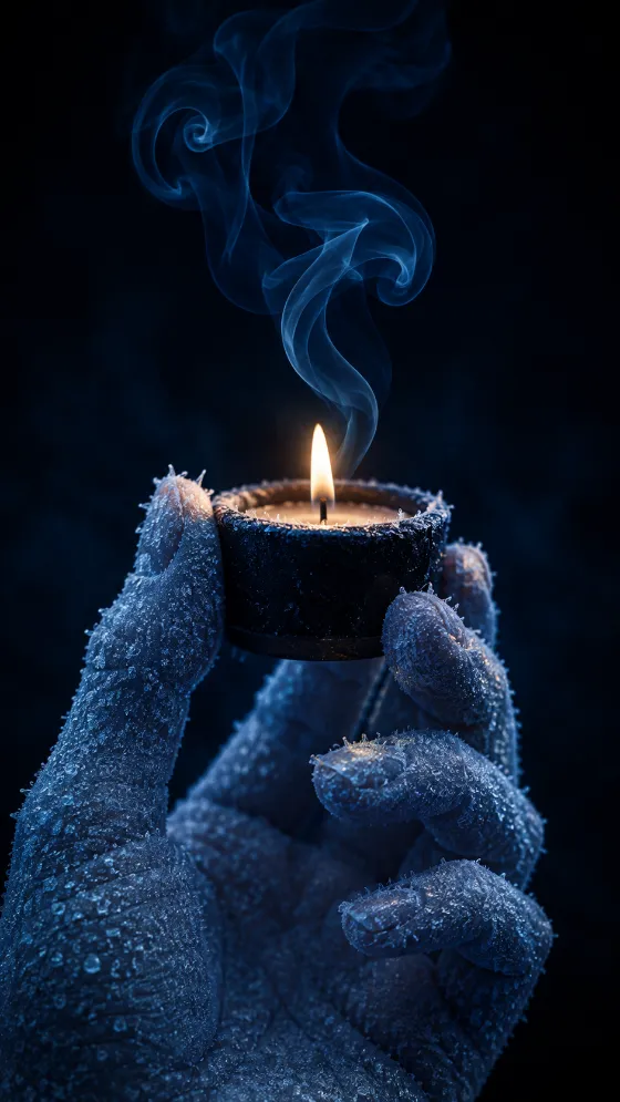 Frost-covered hand holding a small black candle with warm flame and curling blue smoke on a dark background.